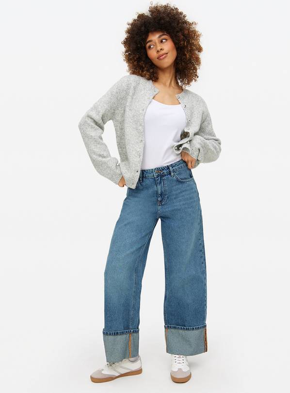 Mid-Denim Blue Baggy Wide Leg Jeans With Turn Up Hem 22R
